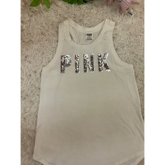 Victorias Secret Pink Silver Sequin Logo White Tank Top XS Glitter Sparkle - Picture 7 of 12